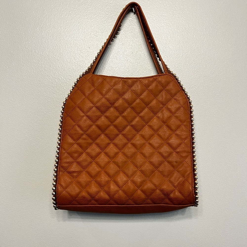 Big Buddha Large Quilted Tan Shoulder Bag Gold Beads Striped Inner Lining Boho